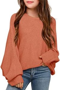 Mafulus Girl's,Little kid, Oversized Crewneck Fall Sweaters Kids Batwing Long Sleeve Slouchy Chunky Cute Pullover Jumper Shirts 5-14T Coral