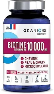 Biotine 10 000 µg - CHEVEUX, PEAU & ONGLES - MICROCIRCULATION - Vit. B5 & B8, Millet, Cystine, Myrtille, Zinc, Sélénium - Vegan, sans gluten, sans lactose - 60 comprimés - Made in France, Granions