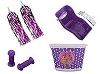 Kids Girls Princess Purple Bike Accessories Glitter Gift Set Pack Dolly Baby Seat, Woven Basket, Tassels & Free Grips Pack