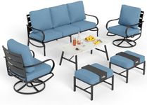 PHI VILLA 6 Piece Patio Furniture Sets with 1 x 3-Seat Deep Seating Bench, 2 x Cushioned Swivel Sofa Chairs, 1 x Coffee Table & 2 Ottoman, Outdoor Metal Conversation Set for Lawn Garden, Navy Blue