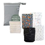 LA PETITE OURSE 4 One Size Printed Snap Cloth Diaper with 8 4-Layer Premium Bamboo Inserts + 1 Free Wet Bag, for Babies Weighing 10–35 Pounds - Constellation