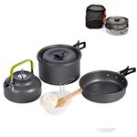 Outdoor Camping Cookware Mess Kit, with Folding Cookset Teapot and Pans Set, Non-Stick Lightweight Pots, Mesh Storage Bag for Camping, Backpacking, Cooking