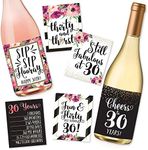 6 30th Birthday Wine Bottle Labels or Stickers Present, 1991 Dirty Thirsty Flirty Thirty Bday Gifts For Women, Cheers to 30 Years, Funny Pink Black Gold Party Decor Supplies For Wife, Girl Mom Friend