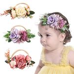 Baby Girl Flower Headbands,3Pcs Elastic Hair Band Crown Flower Wraps,Soft Stretchy Nylon Floral Hairbands,Newborn Toddler Flower Crown,Nylon Elastic Infant Headbands for Newborn Infant Toddler