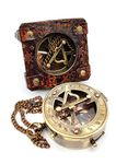 5MoonSun5's Antique Brass Sundial Compass Marine Boat Gift Pocket Sun Dial in Leather Display Box Nautical Marine Gift Sun Clock Pirate Ship Replica Watch Steampunk Accessory