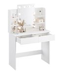 WOLTU Dressing Table with LED Lights, Vanity Table with Adjustable Brightness Mirror, Makeup Desk with 2 Drawers and Open shelves, Wooden Modern Bedroom Dresser, 90x40x135cm, White, MB6096ws