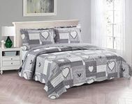 Brilliant Sunshine Grey Heart Love Patchwork, 3-Piece Quilt Set with 2 Shams, Reversible Bedspread, Soft Lightweight Coverlet, All-Season, King, Grey