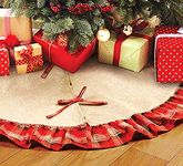 OLYPHAN Burlap Tree Skirt for Christmas Rustic Large Country Natural Brown Skirts & Red Plaid Trim Farmhouse Xmas Holiday Decorations 30 Inch Round Diameter