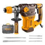 Ingco Hammer Drill Machine, 1500W Rotary Hammer Drill Machine Heavy Duty Grip Handle Concrete Metal And Woodworking For Home & Industrial Use, Yellow,Brown