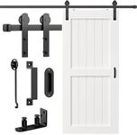 HomLxaLx 8FT Sliding Barn Door Hardware Kit Heavy Duty with Door Hook, Adjustable Floor Guide and 2 Handles -Easy to Install, Smoothly and Quietly, Fit 1 3/8-1 3/4" Thickness -Black, I Shape Hanger