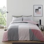 GC GAVENO CAVAILIA Geometric Bedding King Size, Polycotton Blocks Pattern Bedding Set, Tartan Reversible Quilted Bed Cover Set With Matching Pillow Cases, Blush Pink/Grey