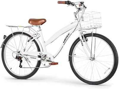 WEIZE Beach Cruiser Bike, 26 inch Commuter Bicycle for Adult Men and Women, 7-Speed/High-Carbon Steel/Front & Rear Fenders, Comfortable City Bikes with Rear Rack&Basket, Ergonomic Upright Design,White