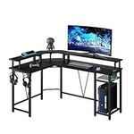 TREETALK Computer desk, L-shaped Gaming Desk with Extra-Large Monitor Stand,Corner Desk with 2-Layer Storage Shelf Hooks and Cup Holder Writing Table for Office Home (Black Carbon Fiber)