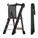 COSYLAND Foldable Step Stool for Toddlers - Adjustable Height Toddler Standing Tower with Safety Net - Portable Toddler Kitchen Tower Stool Helper for Learning (Black & Natural)