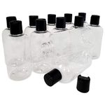 Kelkaa 8oz Boston Round Clear PET Plastic Bottles with Black Press Disc Top Cap for Shampoo, Conditioner, Body Soap, Lotion, Hand Sanitizer, Multi-Purpose Empty Refillable Bottles (Pack of 12)