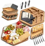 Belle Terre Cheese Board Set - Wood Charcuterie Boards for Serving Cheese, Crackers, Meat, Olives - Serving Board for Gift, Entertaining, & Parties - Wooden Cheese Platter w/Tray, Knives, & Forks