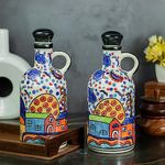 KAOLINITE Handmade Ceramic Oil Dispenser Bottle for Kitchen | 1000ml Capacity | Microwave Safe | Ideal for Storing Cooking Oil | Color: Multicolor | (Pack Of Two) Hut Painting