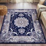 cozily® Traditional Floral Design Washable Classical Mat - 160 x 230 cm - Blue - Turkish Vintage Area Rug for Hall, Bed, Dining and Sitting Room