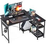 ODK Small Corner Desk, 48 Inch Gaming Desk with Reversible Storage Shelves, L Shaped Desk with Monitor Stand and PC Stand for Home Office, Computer Desk with Headphone Hooks, Black