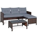 COSTWAY 3PCS Rattan Garden Furniture Set, Outdoor L-Shaped Corner Sofa Set with Chaise Lounge, Glass Coffee Table and Cushions, All-Weather Wicker Sectional Table Chairs for Deck Poolside (Grey)