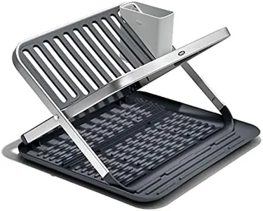 OXO Good Grips Aluminum Fold Flat Dish Drying Rack, 2-Tier, with Drainboard, for Kitchen Counter, Collapsible