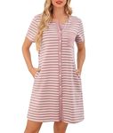 Lovasy Nightdresses for Women UK Cotton Nightdresses&Nightshirts Stripe Ladies Nighties Button Down Nigh Dress Short Sleeve Cotton Nighties Nightwear with Pockets,Pink,L