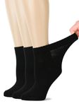 HUGH UGOLI Women's Bamboo Ankle Loose Fit Diabetic Socks, Soft, Seamless Toe, Wide Stretchy, Non-Binding Top, 3 Pairs, Black, Shoe Size: 6-9