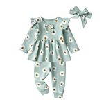 Toddler Baby Girl Clothes Infant Flower Long Sleeve Daisy Pullover Tops Pants Headband 3pcs Outfits Set Green 2-3T