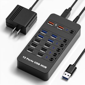 Arector 12 Ports USB 3.0 Splitter Hub, Powered USB Hub with 2 Smart Charging Ports, 10 USB A Ports, Individual On/Off Switches, USB 3.0 5Gbps High Speed Transfer, USB Hub for Laptop,Mac,PC