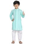 VASTRAMAY Boys' Green And White Kurta Pyjama Set | Classic Ensemble Of Lukhnowi Chikankari Kurta & Pyjama for Navratri, Diwali & Festive Celebrations - Stylish and Comfortable Indian Outfit for Kids