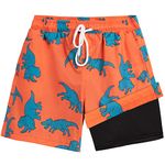 Boys Swim Trunks Little Boys Bathing Suit Swim Shorts with Boxer Brief Liner Quick Dry Beach Swimsuit Compression Shorts 3-14 Years (11-12 Years, Orange Dinosaur)