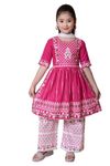 NEW JON Girl's Traditional Cotton Kurta and Straight Pant Set with Silky Dupatta (Pink, Size: 9-10 Years)