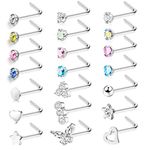 JeweBella 21 Pcs 20G Nose Stud Piercing 316L Surgical Steel for Women Men Hypoallergenic Small Colorful CZ Silver Nose Studs I Shaped/L Shaped/S Shaped Nose Stud Screw Nose Piercing Jewellery