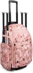 Rolling Softball Bag with Wheels, Large All-Terrain Wheeled Baseball Bag Holds 4 Bats, Water-Resistant Baseball Roller Backpack with Shoe Compartment and Fence Hooks for Players and Coaches, Pink Camo