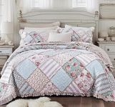 DaDa Bedding Cottage Patchwork Floral Bedspread Set - Hint of Mint Dainty Quilted Cotton Blooming Garden Botanical - Multi Colorful Ruffle Pastel Pink Blue/Green - Twin - 2-Pieces