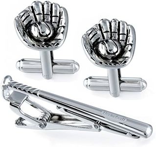 Mens Baseball Novelty Cuff links and Tie Bar Clip Set with Luxury Black Gift Box - Casual Party Accessories
