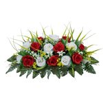 MOOMASS Cemetery Headstone Flower Saddle - Artificial Cemetery Flowers Rose, Grave Decoration，Non-Bleed Colors, and Easy Fit (Red+White, Saddle)