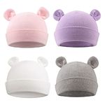 PEECABE Cotton Newborn Hospital Baby Hats 0-6 Months Infant Boy Girl Beanie Bear Ear Hat Set(White+Pink+Gray+Light Purple,0-6 Months)