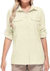mosingle Women's UPF 50 UV Long Sleeve Safari Clothes Sun Protection Shirts Quick Dry for Hiking Camping Fishing Trave Teen Girl Shirts#5073-Light Khaki-XL