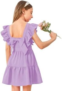 OYOANGLE Girl's Cute Square Neck Sleeveless Bow Back Ruffle Trim A Line Mini Short Dress Purple Solid 13Y