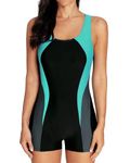 CharmLeaks ChamLeaks Women's Sports Boyleg One Piece Swimming Costume Racerback Swimsuit Swimwear, 2-black/Grey/Aqua, 12