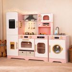 Kiddokidz Interactive Wooden Play Kitchen for Kids, Extra-Large Indoor Toy Kitchen Set with Storage, Running Water Sink, Light & Sound Range Hood, Ice Maker & Washing Machine, Sakura Pink