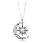 QIAN0813 Vintage Bronze Crescent Moon and Sun Pendant Necklace Retro Swirl Filigree Unisex Jewelry Gifts, Metal