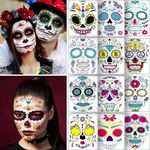 12 PCS Day of the Dead Costume Tattoos for Halloween - Temporary Sugar Skull Face Stickers for Makeup, Masquerade, Parties. Halloween tattoos, Face & Body Tattoos for Events. Day of the Dead Tattoos