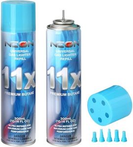 NEON Butane Fuel Refill, 11X Ultra-Refined, 300ml Premium Lighter Fluid with Metal Nozzle & 5 Butane Gas Refill Adapters for Refillable Jet Flame Lighters, Torches, and Culinary Use, 2 Cans