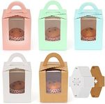 BELLE VOUS 25 Pack of Assorted Paper Card Cupcake Boxes - 9 x 9 x 15.5cm/3.54 x 3.54 x 6.1 Inches - Single Disposable Cupcake Boxes with PVC Display Window for Wedding & Birthday Party