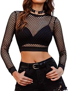 Avidlove Fishnet Top for Women Long Sleeve Fishnet Shirt Y2K Fishnet Crop Top Black Large