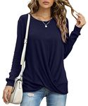 YSYOKOW Long Sleeve T Shirts for Women Casual Fall Tunic Tops to Hide Belly Front Twist Knot Blouse(Navy Blue,Small)