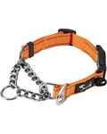 PETTOM Martingale Half Dog Choke Collar, Safety Metal Chain, Chew Proof Reflective Nylon Padded with ID Ring Adjustable Small Dog Collar (L: Neck 52-71 CM, Orange)