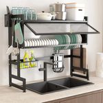 bukfen Dish Drying Rack, Over The Sink Dish Drainer Drying Rack 2 Tier Dish Rack with Cover for Kitchen (Black, Middle 33.46 Length)